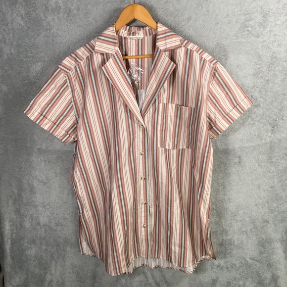 We The Free Striped Button Up Shirt Short Sleeve Size Large Oversized Relaxed - Picture 2 of 9